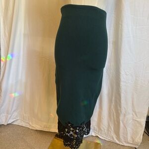 Express Dark Green Pencil Skirt with Black Lace Hem